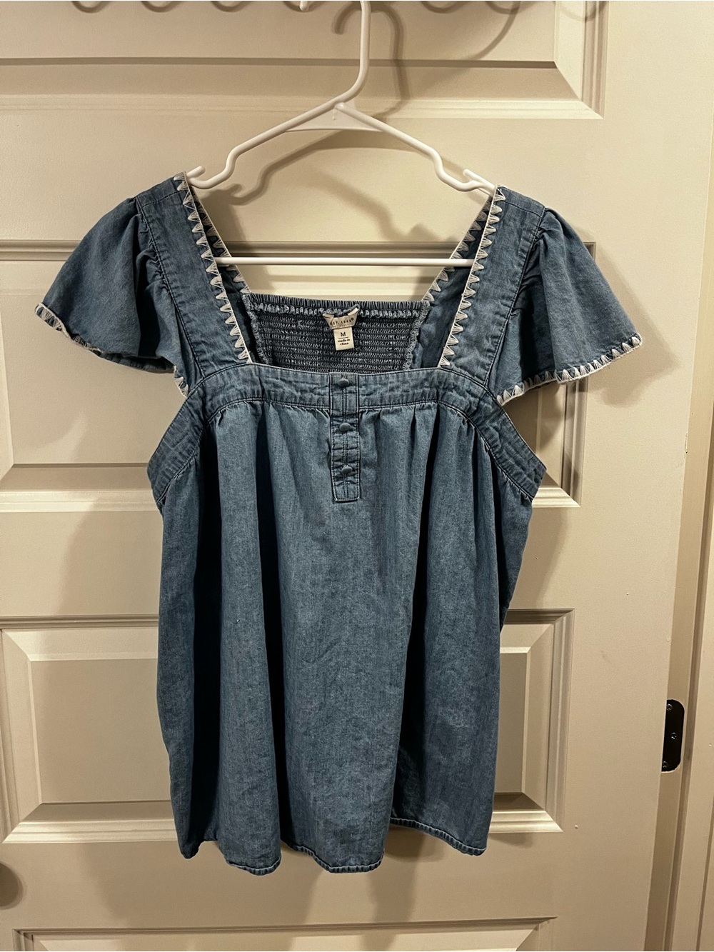 Cato Light Denim Square-Neck Flutter Sleeve Blouse - Blue